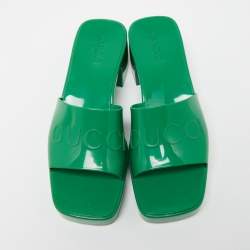 Pre Owned Gucci Green Rubber Embossed Logo Block Heel Slide Sandals Size 37