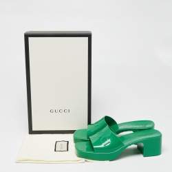 Pre Owned Gucci Green Rubber Embossed Logo Block Heel Slide Sandals Size 37