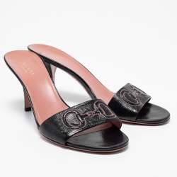 Pre Owned Gucci Black Leather Stitched Horsebit Slide Sandals Size 38.5