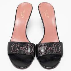 Pre Owned Gucci Black Leather Stitched Horsebit Slide Sandals Size 38.5