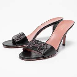 Pre Owned Gucci Black Leather Stitched Horsebit Slide Sandals Size 38.5