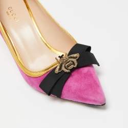 Pre Owned Gucci Magenta/Gold Suede and Leather Moody Bee Pointed-Toe Pumps Size 35.5