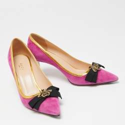 Pre Owned Gucci Magenta/Gold Suede and Leather Moody Bee Pointed-Toe Pumps Size 35.5