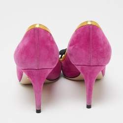 Pre Owned Gucci Magenta/Gold Suede and Leather Moody Bee Pointed-Toe Pumps Size 35.5
