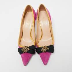 Pre Owned Gucci Magenta/Gold Suede and Leather Moody Bee Pointed-Toe Pumps Size 35.5