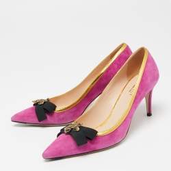 Pre Owned Gucci Magenta/Gold Suede and Leather Moody Bee Pointed-Toe Pumps Size 35.5