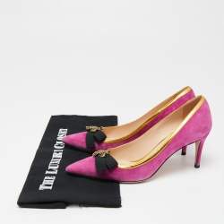 Pre Owned Gucci Magenta/Gold Suede and Leather Moody Bee Pointed-Toe Pumps Size 35.5