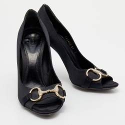 Pre Owned Gucci Black Satin Hollywood Horsebit Peep Toe Pumps Size 37