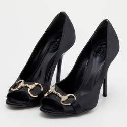 Pre Owned Gucci Black Satin Hollywood Horsebit Peep Toe Pumps Size 37
