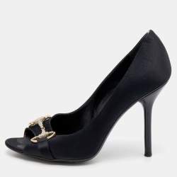 Pre Owned Gucci Black Satin Hollywood Horsebit Peep Toe Pumps Size 37