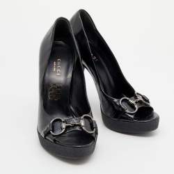 Pre Owned Gucci Black Texture Patent Leather Jolene Horsebit Peep Toe Pumps Size 36