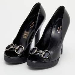 Pre Owned Gucci Black Texture Patent Leather Jolene Horsebit Peep Toe Pumps Size 36