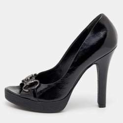 Pre Owned Gucci Black Texture Patent Leather Jolene Horsebit Peep Toe Pumps Size 36