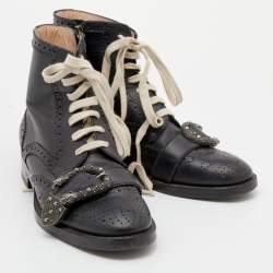 Pre Owned Gucci Black Leather Dionysus Brogue Ankle Length Boots Size 39