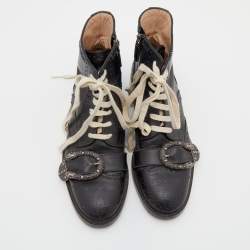 Pre Owned Gucci Black Leather Dionysus Brogue Ankle Length Boots Size 39