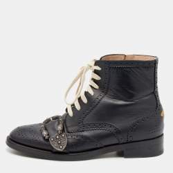 Pre Owned Gucci Black Leather Dionysus Brogue Ankle Length Boots Size 39