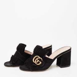 Gucci Black Suede GG Marmont Fringe Mules Size 35.5