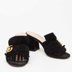 Gucci Black Suede GG Marmont Fringe Mules Size 35.5