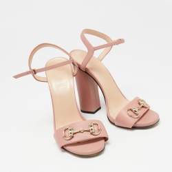 Pre Owned Gucci Pink Leather Horsebit Ankle-Strap Sandals Size 37.5