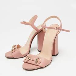 Pre Owned Gucci Pink Leather Horsebit Ankle-Strap Sandals Size 37.5
