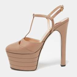 Pre Owned Gucci Beige Leather Angel T-Strap Platform Sandals Size 37.5