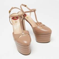 Pre Owned Gucci Beige Leather Angel T-Strap Platform Sandals Size 37.5