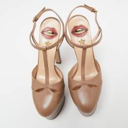 Pre Owned Gucci Beige Leather Angel T-Strap Platform Sandals Size 37.5