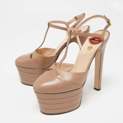 Pre Owned Gucci Beige Leather Angel T-Strap Platform Sandals Size 37.5
