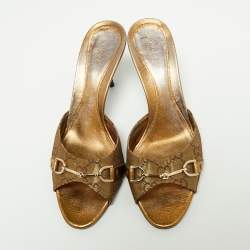 Gucci Gold Guccissima Canvas and Leather Horsebit Slide Sandals Size 37.5