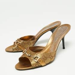 Gucci Gold Guccissima Canvas and Leather Horsebit Slide Sandals Size 37.5