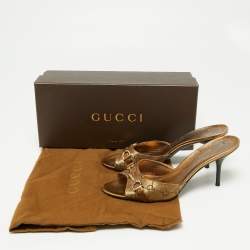 Gucci Gold Guccissima Canvas and Leather Horsebit Slide Sandals Size 37.5