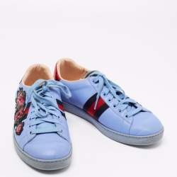 Gucci Blue Leather And Snakeskin  Web Floral Embellished Ace Sneakers Size 38