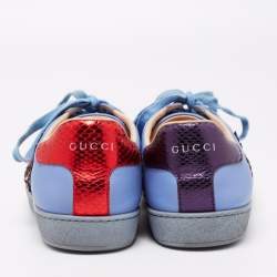 Gucci Blue Leather And Snakeskin  Web Floral Embellished Ace Sneakers Size 38