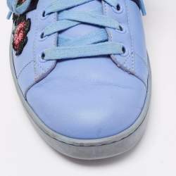 Gucci Blue Leather And Snakeskin  Web Floral Embellished Ace Sneakers Size 38