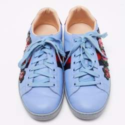 Gucci Blue Leather And Snakeskin  Web Floral Embellished Ace Sneakers Size 38