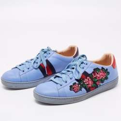 Gucci Blue Leather And Snakeskin  Web Floral Embellished Ace Sneakers Size 38