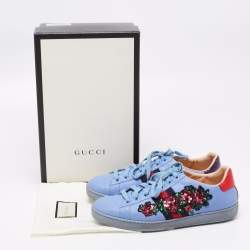 Gucci Blue Leather And Snakeskin  Web Floral Embellished Ace Sneakers Size 38