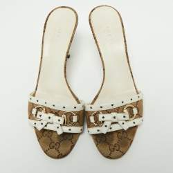 Pre Owned Gucci Brown/White GG Canvas and Leather Bow Detail Horsebit Slide Sandals Size 36.5