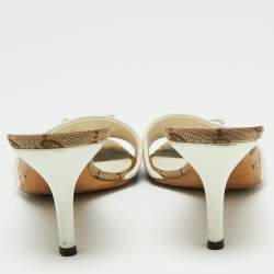 Pre Owned Gucci Brown/White GG Canvas and Leather Bow Detail Horsebit Slide Sandals Size 36.5