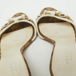 Pre Owned Gucci Brown/White GG Canvas and Leather Bow Detail Horsebit Slide Sandals Size 36.5