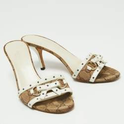 Pre Owned Gucci Brown/White GG Canvas and Leather Bow Detail Horsebit Slide Sandals Size 36.5