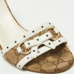 Pre Owned Gucci Brown/White GG Canvas and Leather Bow Detail Horsebit Slide Sandals Size 36.5
