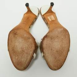 Pre Owned Gucci Brown/White GG Canvas and Leather Bow Detail Horsebit Slide Sandals Size 36.5