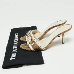 Pre Owned Gucci Brown/White GG Canvas and Leather Bow Detail Horsebit Slide Sandals Size 36.5