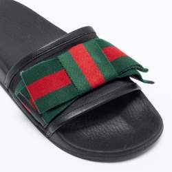 Pre Owned Gucci Black Leather And Fabric  Web Bow Slide Sandals Size 37
