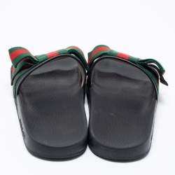 Pre Owned Gucci Black Leather And Fabric  Web Bow Slide Sandals Size 37