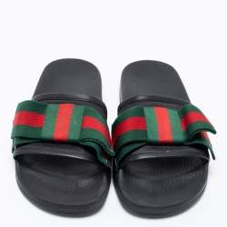 Pre Owned Gucci Black Leather And Fabric  Web Bow Slide Sandals Size 37