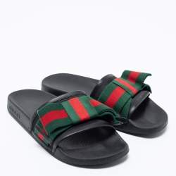 Pre Owned Gucci Black Leather And Fabric  Web Bow Slide Sandals Size 37