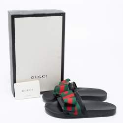 Pre Owned Gucci Black Leather And Fabric  Web Bow Slide Sandals Size 37