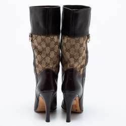 Pre Owned Gucci Brown Leather And GG Canvas Midcalf Boots Size 38.5